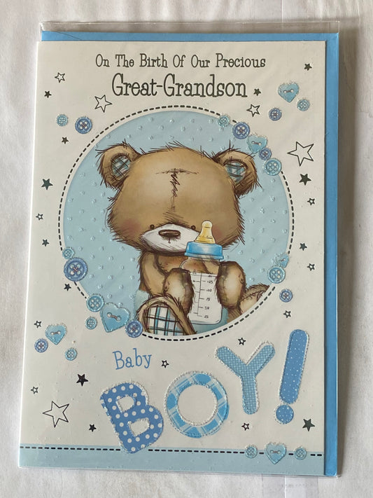 On The Birth of Our Precious Great-Grandson New Baby Boy Born Card From Great-Grandparents White/Blue Teddy/Bottle Glitter/Foil Detail(PH43646A)