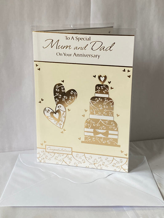 To A Special Mum And & Dad On Your Anniversary Wedding Anniversary Card Cream/Gold-Wedding Cake Foil Detail(PH34441B)