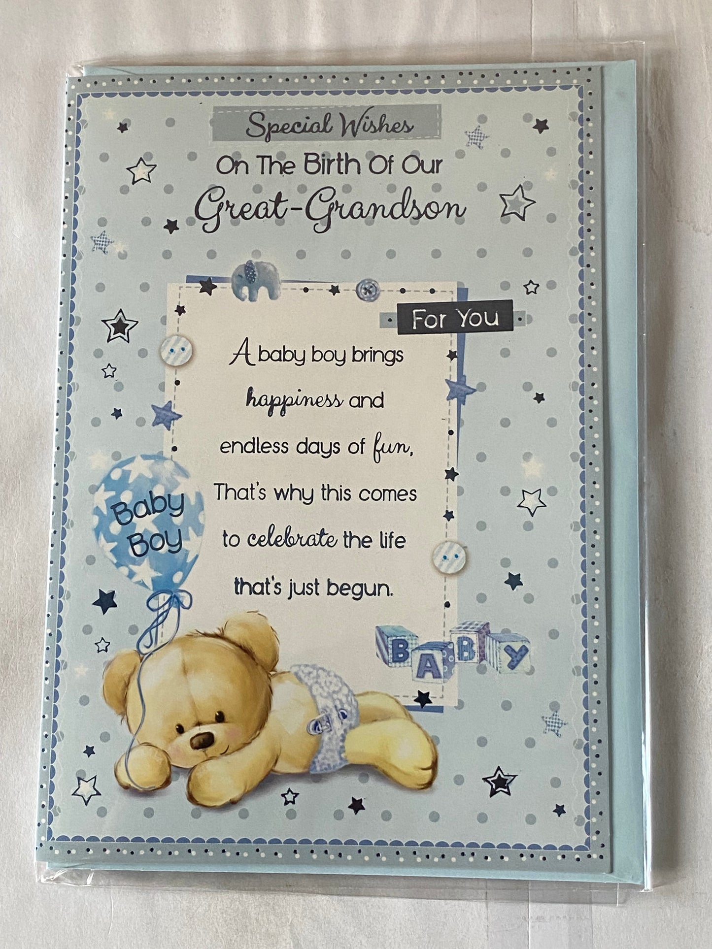 Special Wishes On The Birth Of Our Great-Grandson Baby Boy New Baby Born Card From The Great-Grandparents Blue-Teddy Holding Balloon/Blue Words Foil Detail(PH41079A)