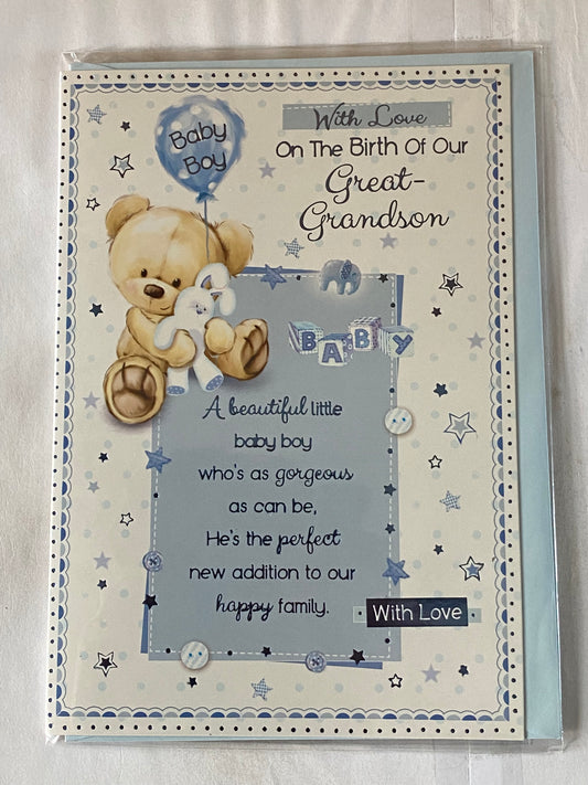 With Love On The Birth Of Our Great-Grandson Baby Boy New Baby Born Card From The Great-Grandparents White-Teddy Holding Rabbit/Blue Words Foil Detail(PH41079E)