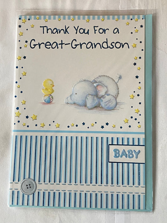 Thank You for A Great-Grandson Thanks Baby Boy Our New Baby Born Birth Card from Great-Grandparents Blue Elephant/Yellow Chick/Blue Ball/Stripes Foil Detail(PH32727A)