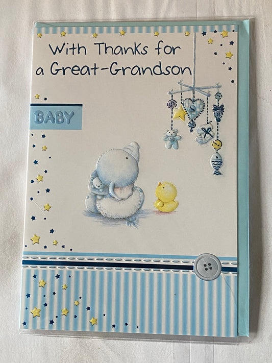 With Thanks For A Great-Grandson Thank You Baby Boy Our New Baby Born Birth Card from Great-Grandparents Blue Elephant/Yellow Chick/Mobile/Stripes Foil Detail(PH32727E)