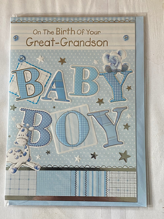 On The Birth Of Your Great-Grandson Baby Boy New Baby Born Card To The Great-Grandparents White/Blue Elephant/Giraffe Foil Detail(PH38865E)