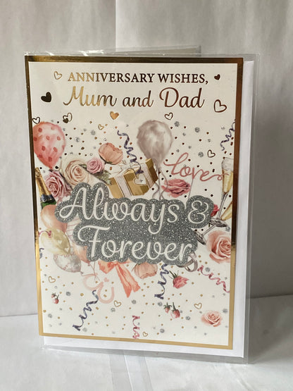 Anniversary Wishes Mum And & Dad Always & Forever On Your Wedding Anniversary Card Balloons/Streamers/Words(PH48410A)