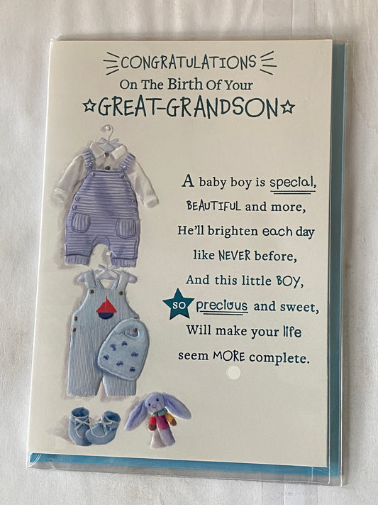 Congratulations On The Birth Of Your Great-Grandson New Baby Boy Born Birth Card to The Great-Grandparents White/Blue Baby Clothes/Shoes/Blue Words Foil Detail(NC-VA046E)