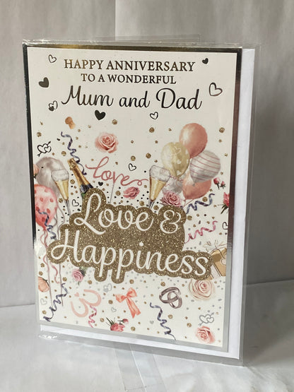Happy Anniversary To A Wonderful Mum And & Dad Love & Happiness On Your Wedding Anniversary Card Balloons/Streamers/Words(PH48410B)