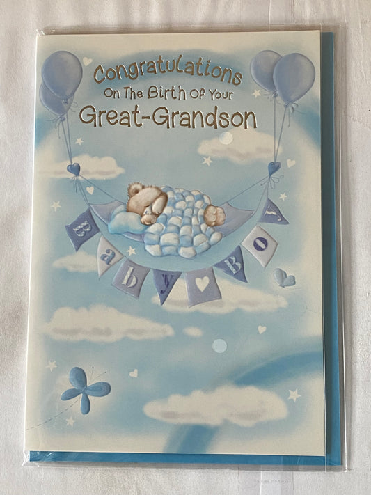 Congratulations On The Birth of Your Great-Grandson New Baby Boy Born Card To The Great-Grandparents White+Blue Teddy/Hammock/Clouds Foil Detail(NC-VA102E)