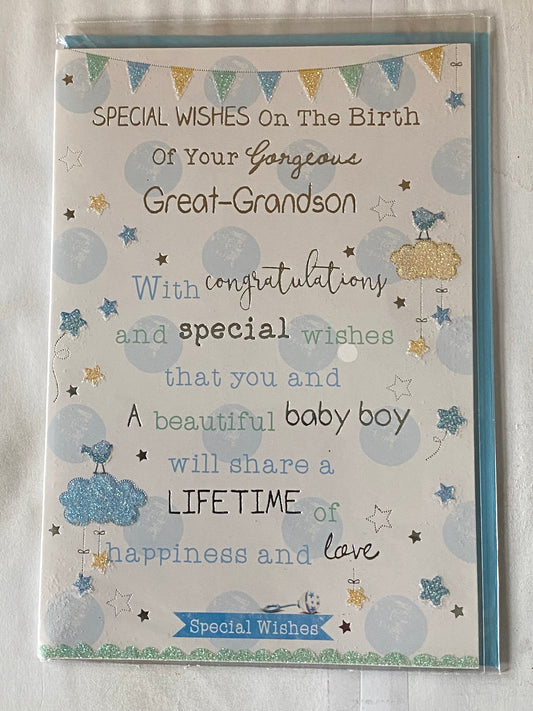 Special Wishes On The Birth Of Your Gorgeous Great-Grandson New Baby Boy Born Card To The Great-Grandparents Blue/Green/Silver/Yellow Words/Spots/Bunting Glitter/Foil Detail(PH41080A)