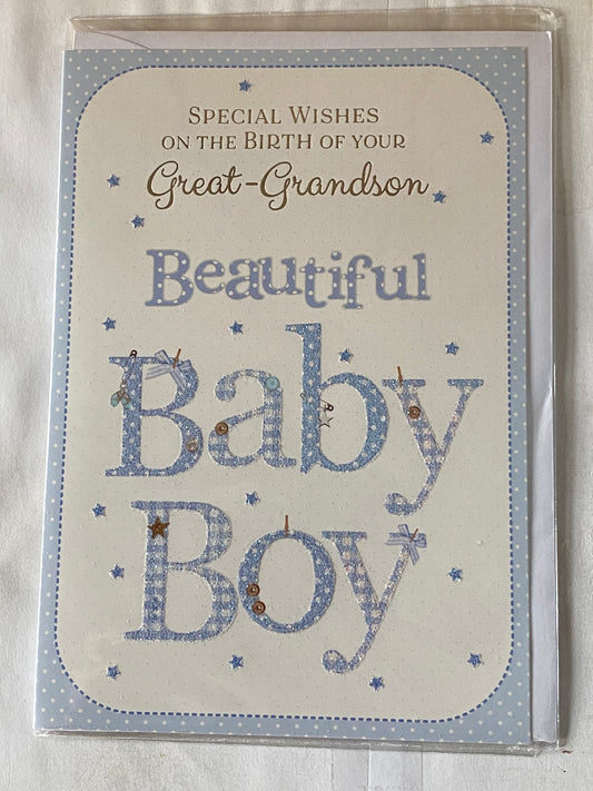 Special Wishes On The Birth of Your Great-Grandson Beautiful Baby Boy New Baby Boy Born Card To The Great-Grandparents White/Blue Words/Stars Glitter/Foil Detail(PH44850A)