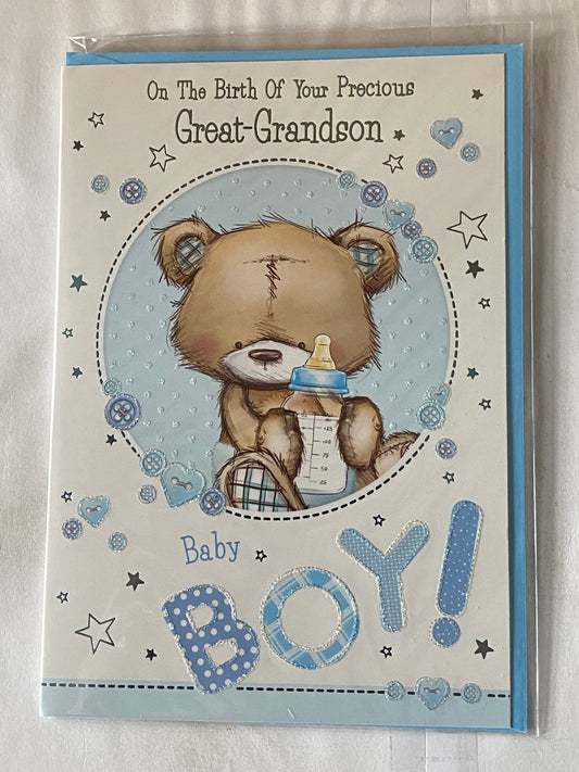 On The Birth of Your Precious Great-Grandson New Baby Boy Born Card to Great-Grandparents White/Blue Teddy/Bottle Glitter/Foil Detail(PH43646A)