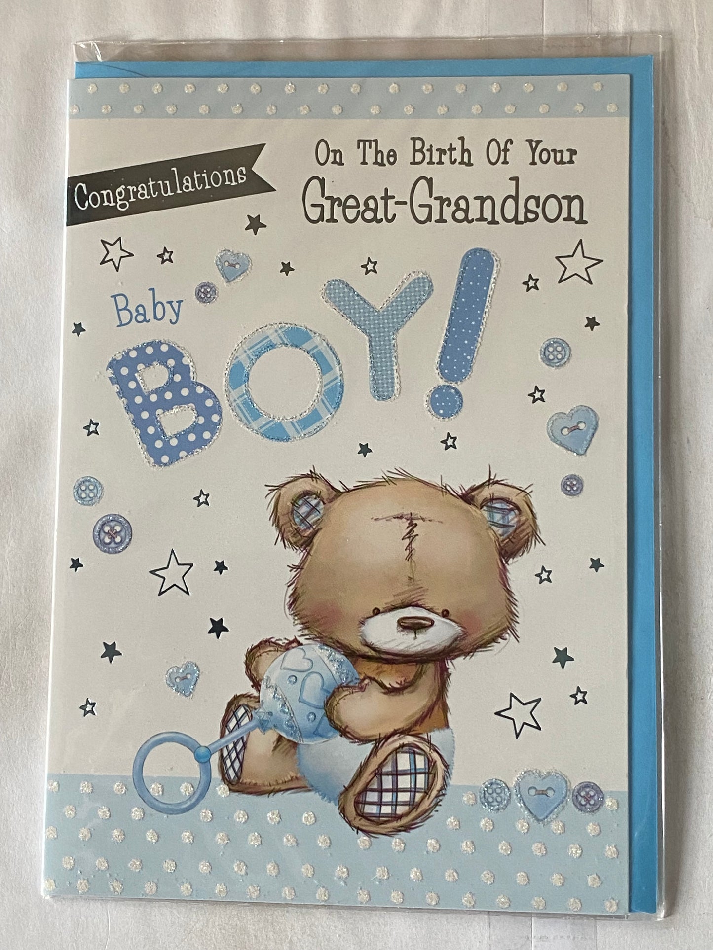 Congratulations On The Birth of Your Great-Grandson New Baby Boy Born Card to Great-Grandparents White/Blue Teddy/Rattle Glitter/Foil Detail(PH43646E)