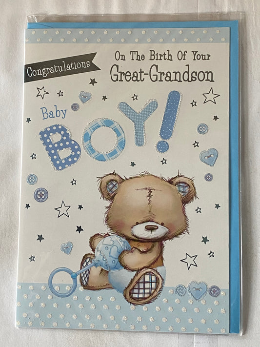 Congratulations On The Birth of Your Great-Grandson New Baby Boy Born Card to Great-Grandparents White/Blue Teddy/Rattle Glitter/Foil Detail(PH43646E)