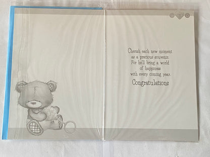 Congratulations On The Birth of Your Great-Grandson New Baby Boy Born Card to Great-Grandparents White/Blue Teddy/Rattle Glitter/Foil Detail(PH43646E)