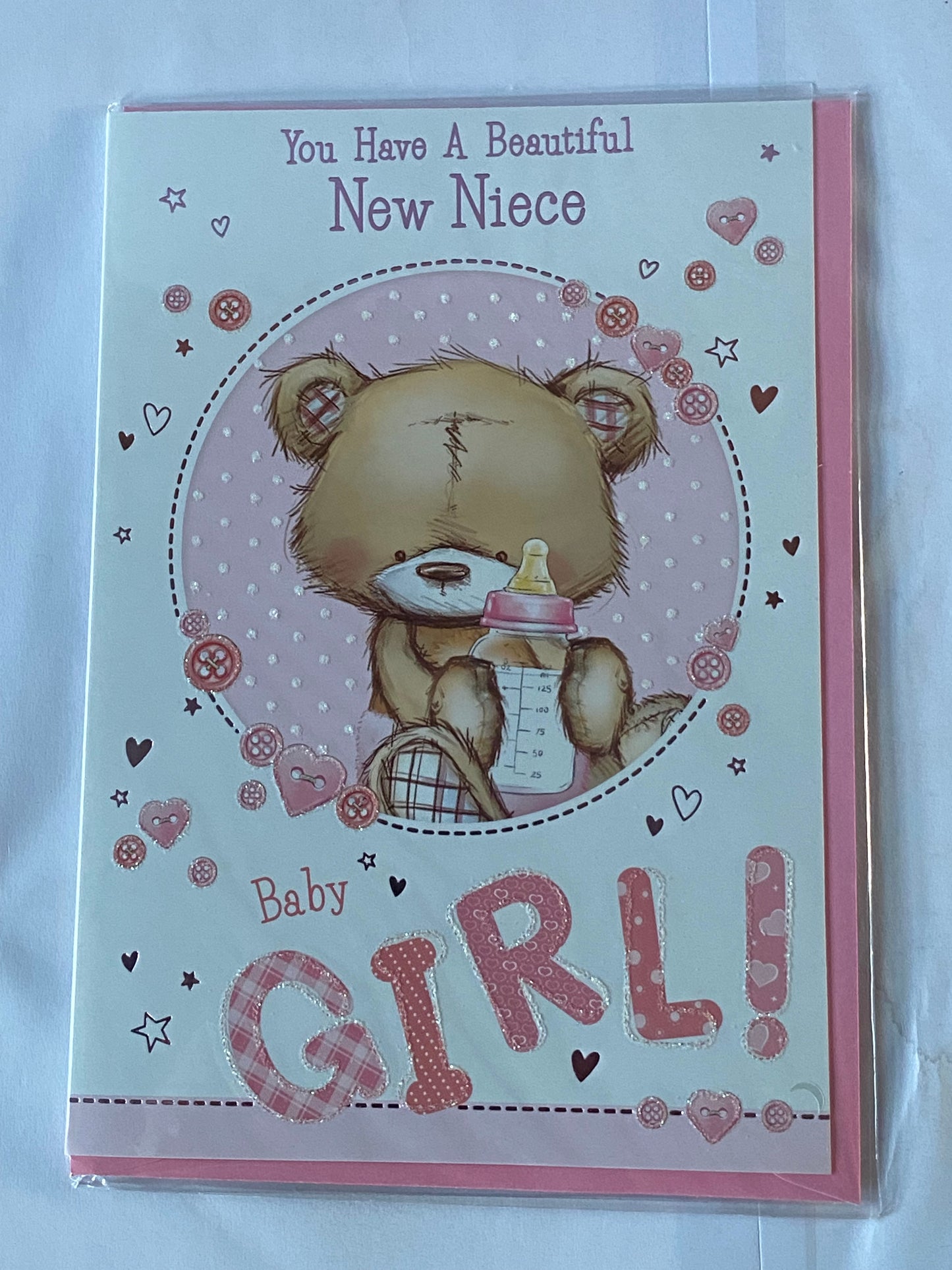 You Have A Beautiful New Niece Baby Girl! Born Birth Card White/Pink Teddy/Bottle(PH43644A)