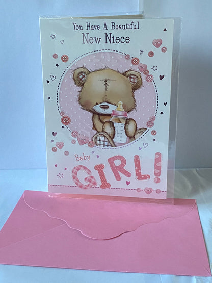 You Have A Beautiful New Niece Baby Girl! Born Birth Card White/Pink Teddy/Bottle(PH43644A)