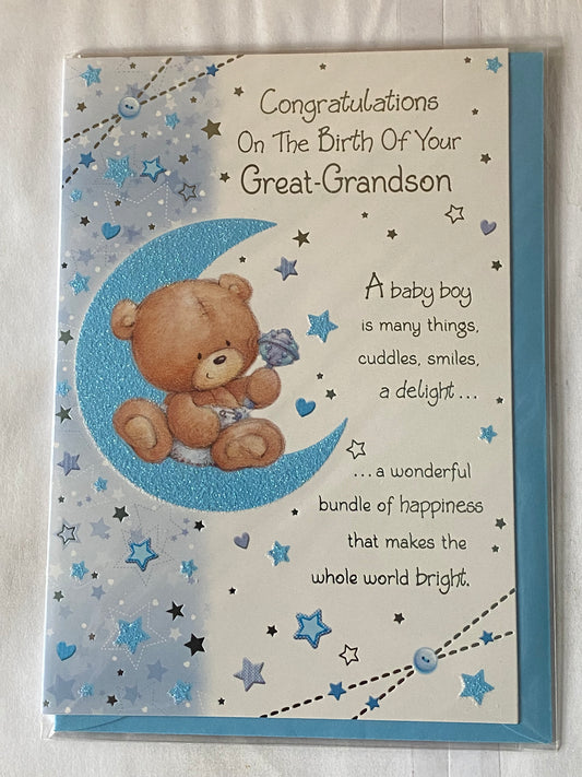 Congratulations On The Birth of Your Great-Grandson New Baby Boy Born Card to Great-Grandparents White/Blue-Teddy/Blue Moon/Rattle Glitter/Foil Detail(PH38866E)