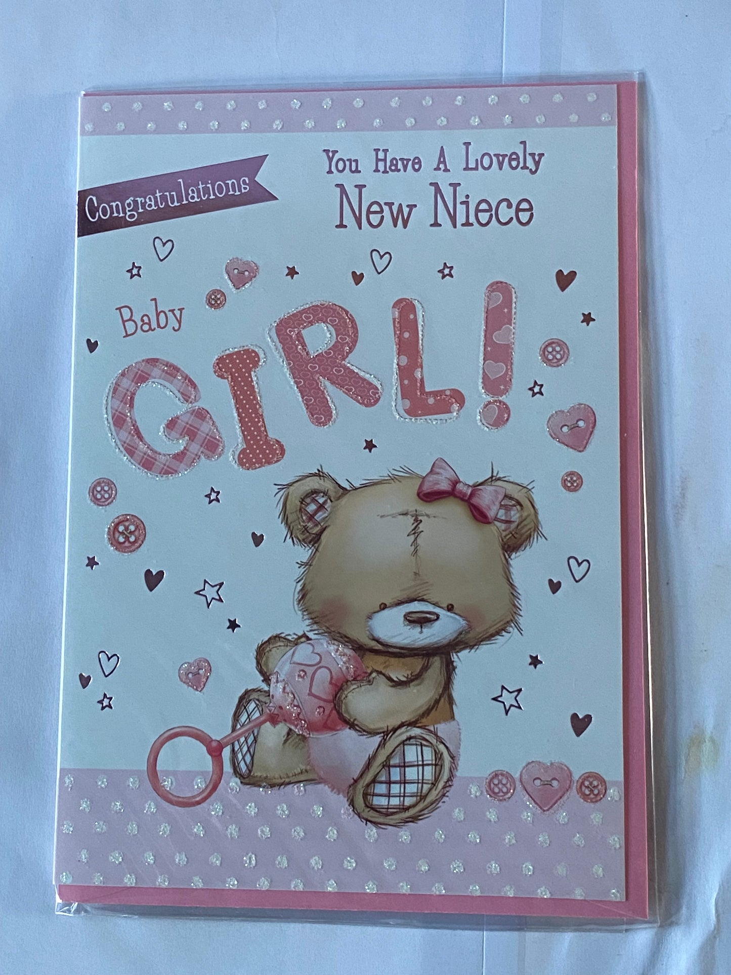 Congratulations You Have A Lovely New Niece Baby Girl! Born Birth Card White/Pink Teddy/Rattle(PH43644B)