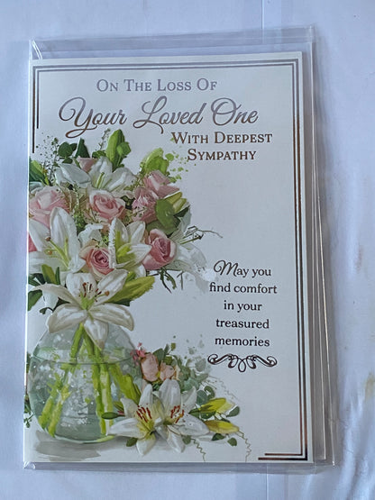 On The Loss of Your Loved One With Deepest Sympathy Card Condolence White/Pink Flowers/Glass Vase/Silver Words(NC-VA290A)