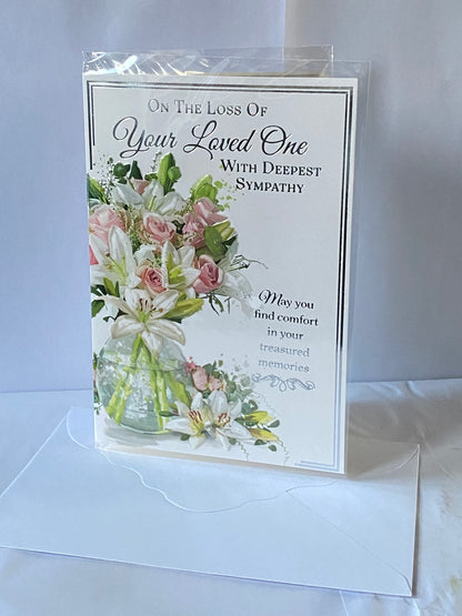 On The Loss of Your Loved One With Deepest Sympathy Card Condolence White/Pink Flowers/Glass Vase/Silver Words(NC-VA290A)