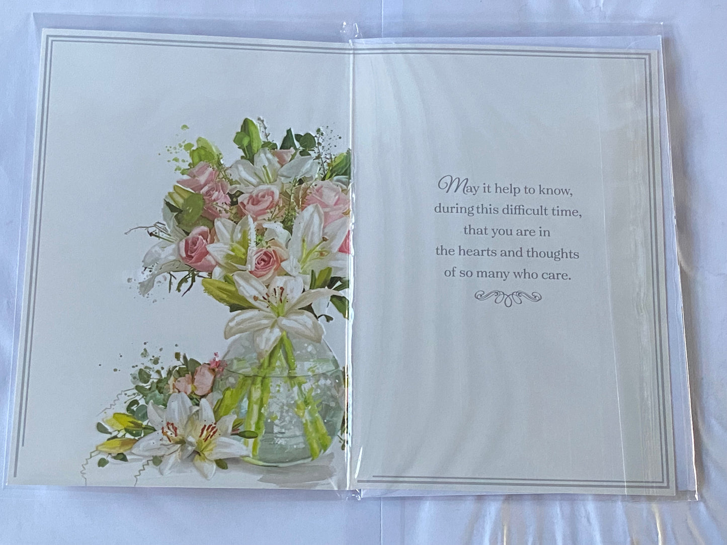 On The Loss of Your Loved One With Deepest Sympathy Card Condolence White/Pink Flowers/Glass Vase/Silver Words(NC-VA290A)