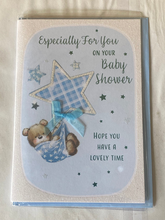 Especially For You On Your Baby Shower Card New Baby Boy Teddy/Blue Blanket/Blue Stars Ribbon/Glitter/Foil Detail(PRELUDE47299)