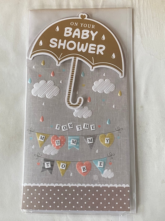 On Your Baby Shower For The Mummy To Be Baby Shower Card Unisex New Baby Boy/Girl Gold Umbrella 3D/Foil Detail(PRELUDE38456-2)