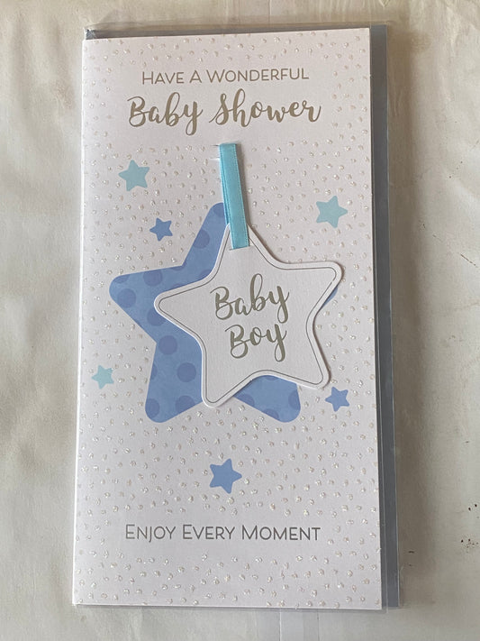 Have A Wonderful Baby Shower Baby Boy Enjoy Every Moment Baby Shower Card New Baby Boy White/Blue/Silver Stars/Words Ribbon/Glitter/Foil Detail(PRELUDE45539)