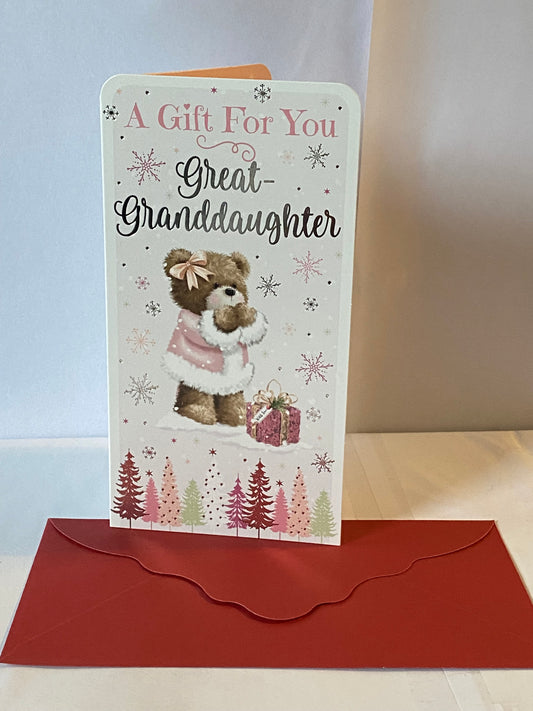 A Gift For You Great-Granddaughter Christmas Money/Gift Card Wallet+Envelope Cute Teddy In Pink Coat/Present Foil Detail(BGC-50197)