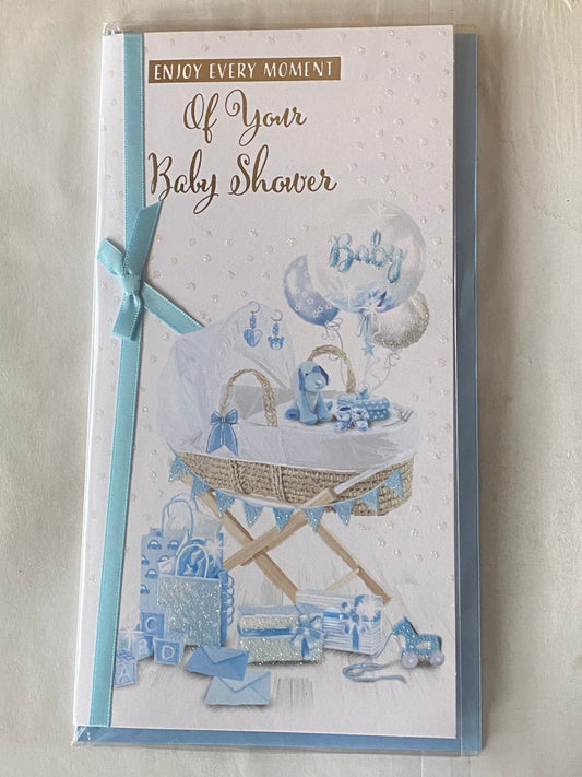 Enjoy Every Moment Of Your Baby Shower Card New Baby Boy White/Blue/Silver Moses Basket/Balloons Ribbon/Glitter/Foil Detail(PRELUDE47308)