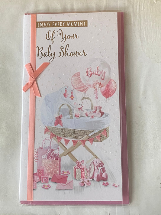 Enjoy Every Moment Of Your Baby Shower Card New Baby Girl White/Pink/Silver Moses Basket//Balloons Ribbon/Glitter/Foil Detail(PRELUDE47307)