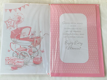 You're Leaving To Have A Baby Girl Card White/Pink Teddy/Pram/Balloons/Presents Ribbon/Foil Detail(PRELUDE45548)