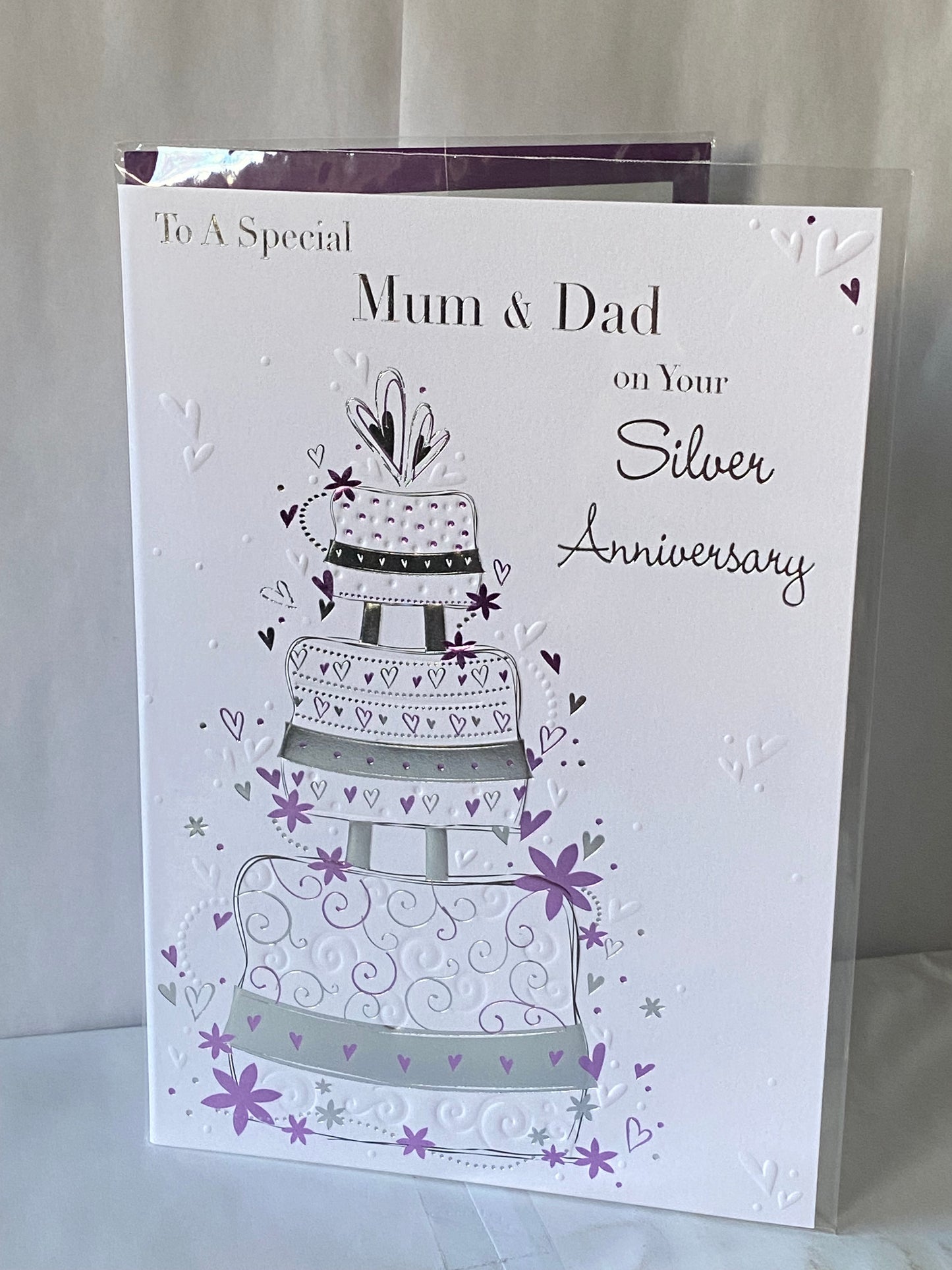 To A Special Mum & Dad On Your Silver Anniversary 25th Wedding Anniversary Card Wedding Cake Foil Detail(PRELUDE32982)