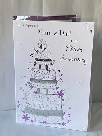 To A Special Mum & Dad On Your Silver Anniversary 25th Wedding Anniversary Card Wedding Cake Foil Detail(PRELUDE32982)
