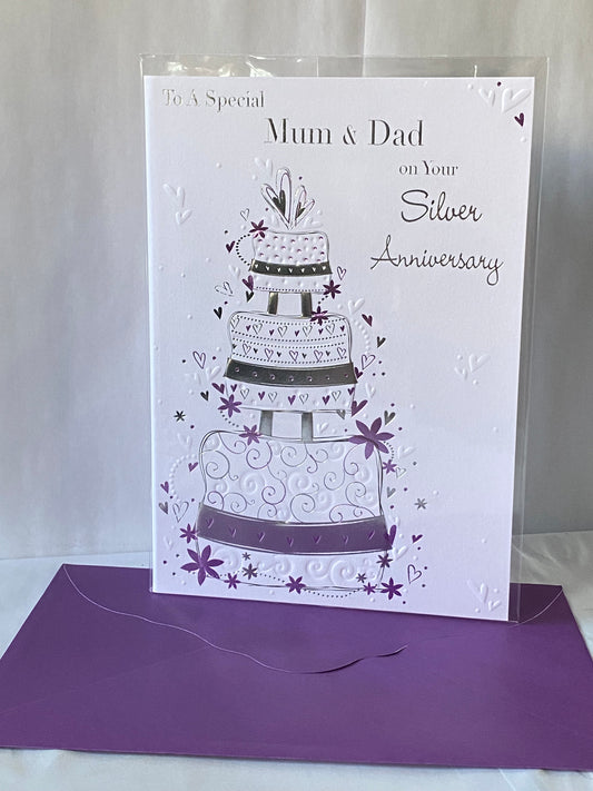 To A Special Mum & Dad On Your Silver Anniversary 25th Wedding Anniversary Card Wedding Cake Foil Detail(PRELUDE32982)