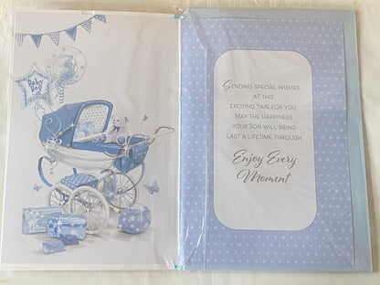 You're Leaving To Have A Baby Boy Card White/Blue Teddy/Pram/Balloons/Presents Ribbon/Foil Detail(PRELUDE45547)