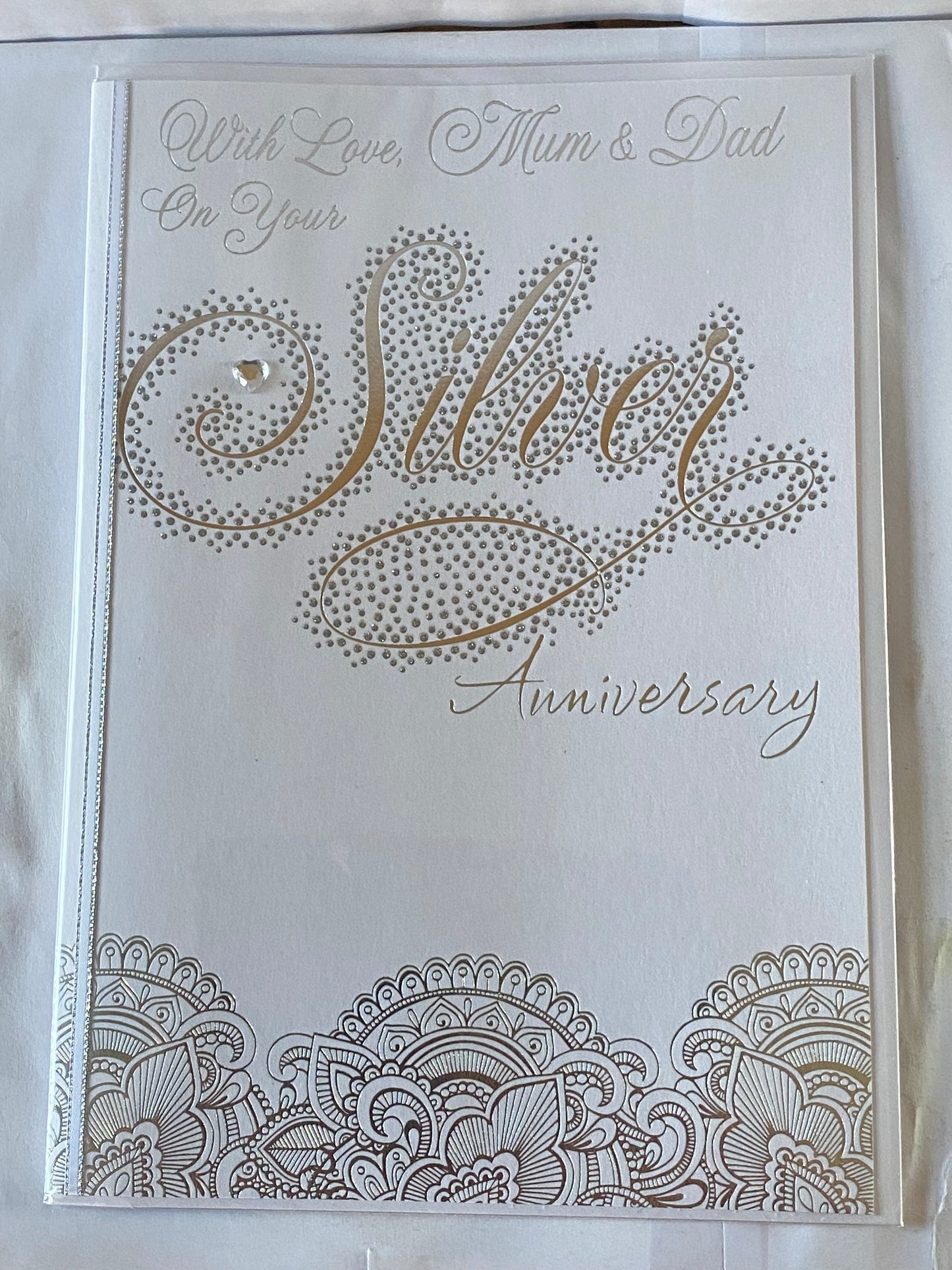 With Love Mum & Dad On Your Silver Anniversary 25th Wedding Anniversary Card Silver Words Heart Gem/Ribbon/Glitter/Foil Detail Larger Size Card(HGP087)