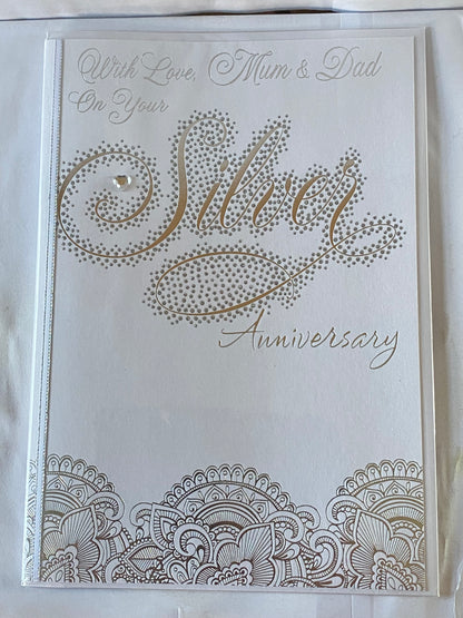 With Love Mum & Dad On Your Silver Anniversary 25th Wedding Anniversary Card Silver Words Heart Gem/Ribbon/Glitter/Foil Detail Larger Size Card(HGP087)