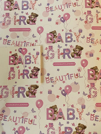 White/Pink-Teddies/Words/Balloons Congratulations Beautiful Baby Girl New Baby Born Birth/Baby Shower Wrapping Paper+Gift Tag-2 Sheets Wrapping Paper+1 Gift Tag(BGC34632-4)