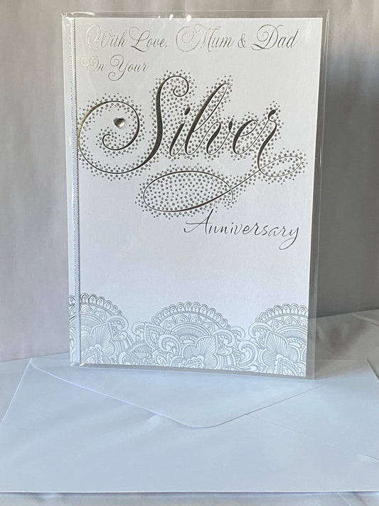 With Love Mum & Dad On Your Silver Anniversary 25th Wedding Anniversary Card Silver Words Heart Gem/Ribbon/Glitter/Foil Detail Larger Size Card(HGP087)