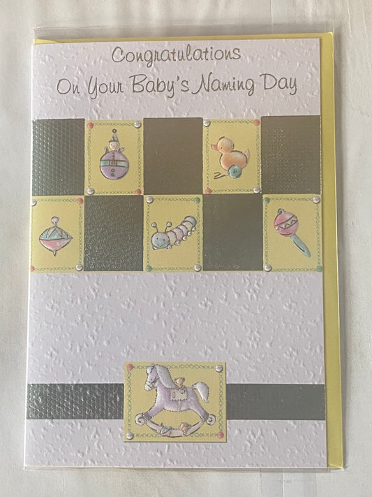 Congratulations On Your Baby's Naming Day Card Unisex Boy/Girl White/Yellow/Silver Squares Foil Detail(KI32846)