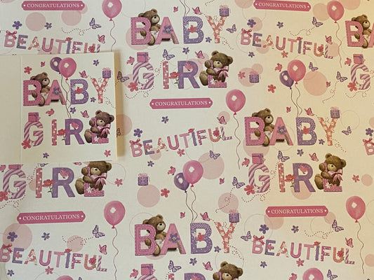 White/Pink-Teddies/Words/Balloons Congratulations Beautiful Baby Girl New Baby Born Birth/Baby Shower Wrapping Paper+Gift Tag-2 Sheets Wrapping Paper+1 Gift Tag(BGC34632-4)