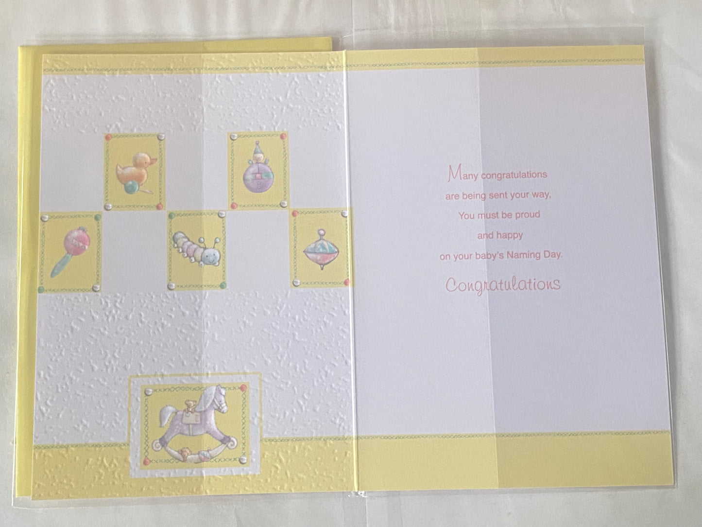 Congratulations On Your Baby's Naming Day Card Unisex Boy/Girl White/Yellow/Silver Squares Foil Detail(KI32846)