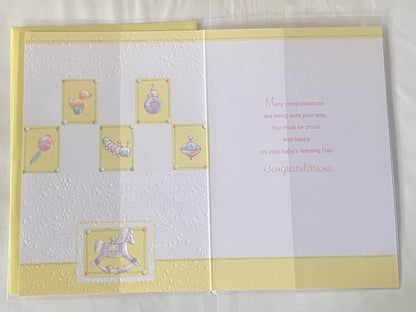 Congratulations On Your Baby's Naming Day Card Unisex Boy/Girl White/Yellow/Silver Squares Foil Detail(KI32846)