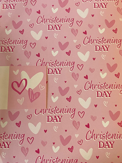 Girls Pink-Hearts/Words Christening Day Wrapping Paper + Gift Tag - 2 Sheets Wrapping Paper + 1 Gift Tag(BGC38982-3)