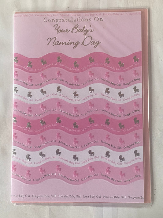 Congratulations On Your Baby's Naming Day Card Baby Girl Silver/Pink Prams Foil Detail(PRELUDE32116)