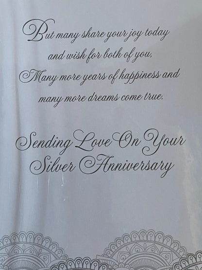 With Love Mum & Dad On Your Silver Anniversary 25th Wedding Anniversary Card Silver Words Heart Gem/Ribbon/Glitter/Foil Detail Larger Size Card(HGP087)