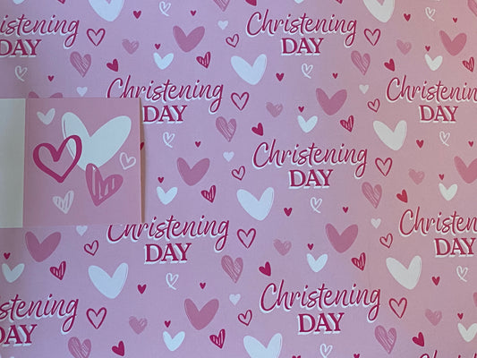 Girls Pink-Hearts/Words Christening Day Wrapping Paper + Gift Tag - 2 Sheets Wrapping Paper + 1 Gift Tag(BGC38982-3)