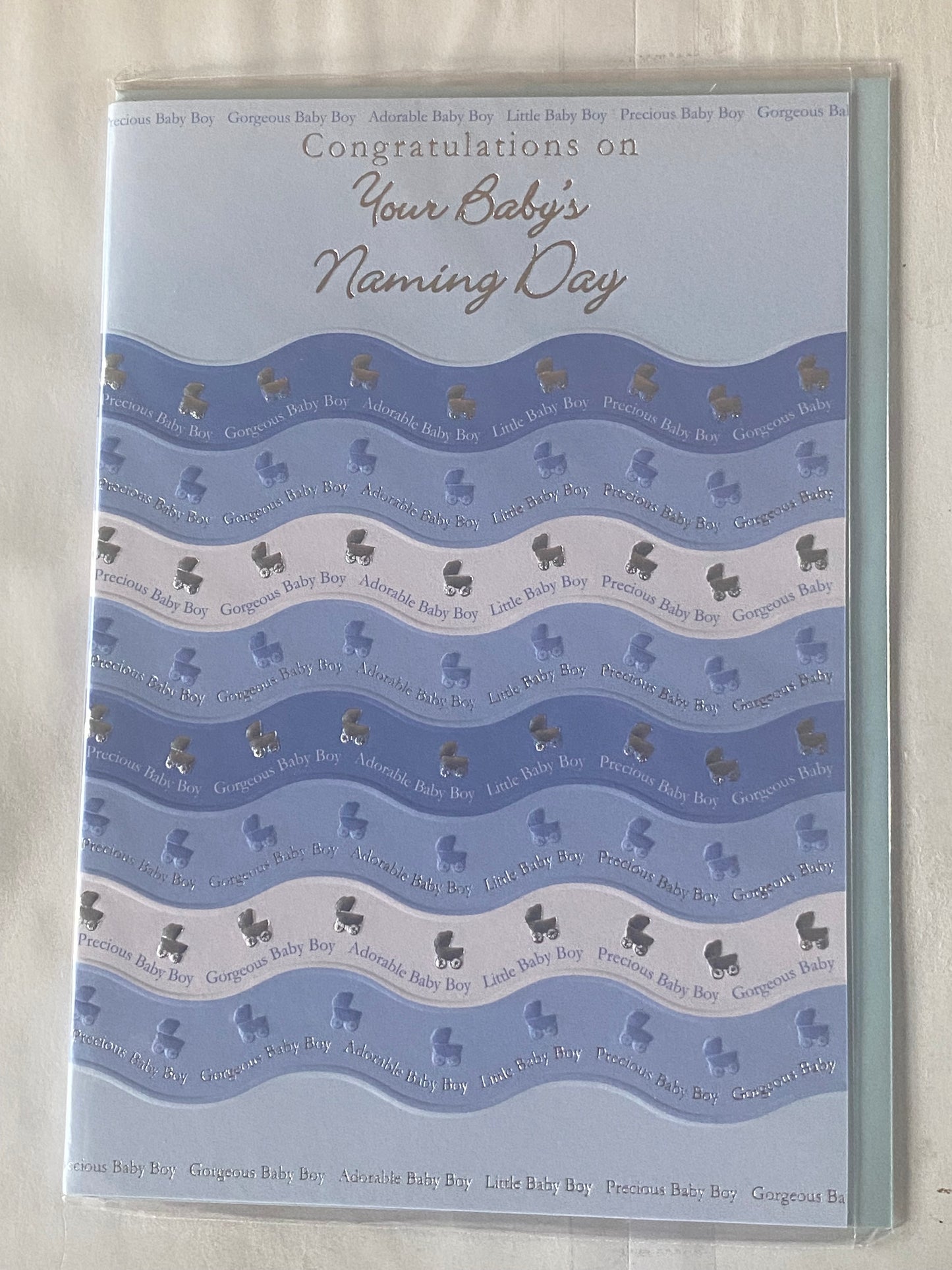 Baby Boy Naming Day Card Congratulations On Your Baby's Naming Day Silver/Blue Prams Foil Detail(PRELUDE32115)