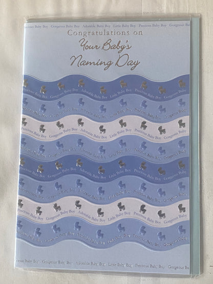 Baby Boy Naming Day Card Congratulations On Your Baby's Naming Day Silver/Blue Prams Foil Detail(PRELUDE32115)