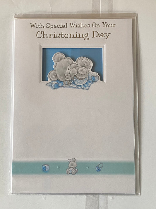 Male Open Boys Baby Boy With Special Wishes On Your Christening Day Card Blue/Green Teddy/Playmat Foil Detail(RNR31632B)